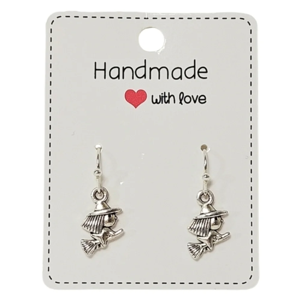 Flying Witch Dangle Earrings Antique Silver Halloween Broomstick Witch - Picture 3 of 5